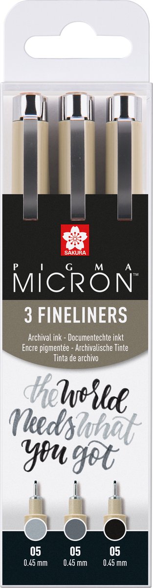 Zestaw cienkopisów Sakura pigma micron 05, 3 pisaki, czarno-szary