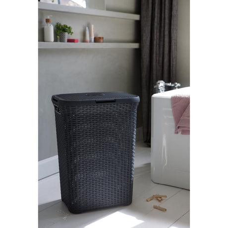 Pojemnik na pranie w stylu Curver z pokrywką w stylu rattanowym 60 litrów, antracytowy, 45x34x62 cm