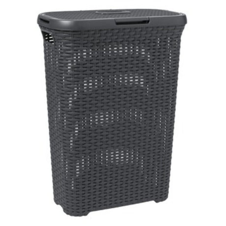 Pojemnik na pranie w stylu Curver z pokrywką w stylu rattanowym 40 litrów, antracytowy, 45x26x62cm