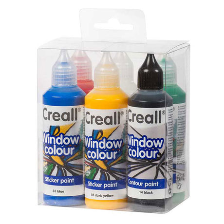 Farba naklejkowa Creall - kolor okien - twórz usuwalne kreacje na gładkich powierzchniach, takich jak okna czy lustra - zestaw 6 kolorów - 6 butelek x 80 ml - bezglutenowa - wyprodukowana w Holandii