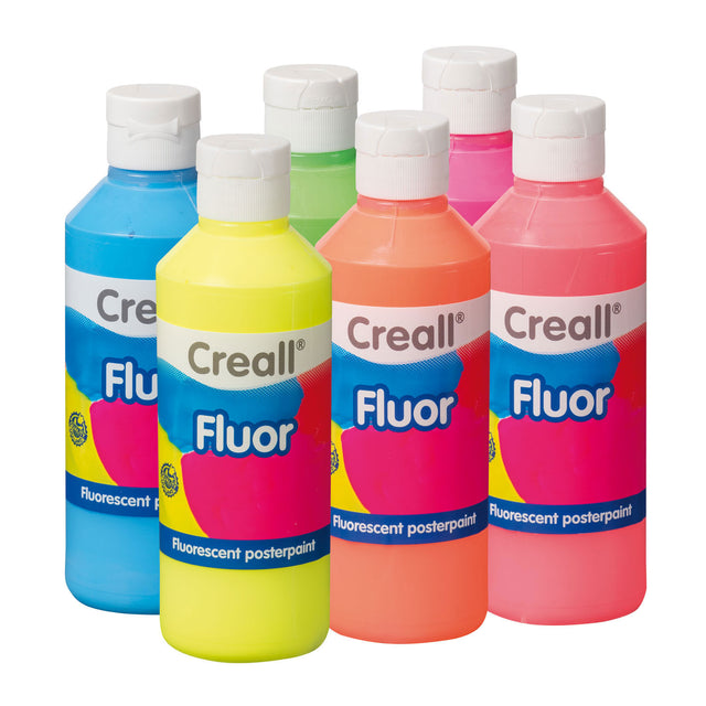 Zestaw gwaszów Creall - fluoro - farba fluorescencyjna - zestaw 6 fluorescencyjnych kolorów - 6x250ml - dla dzieci i osób kreatywnych - wyprodukowano w Holandii