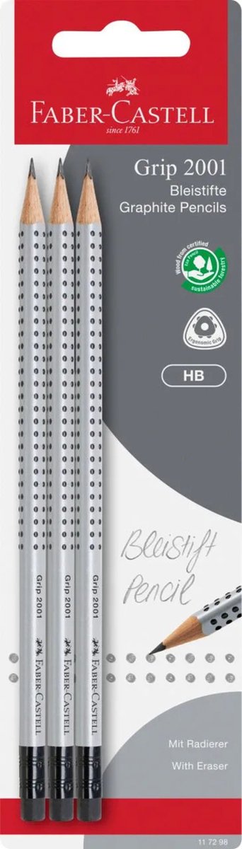 Zestaw ołówków grafitowych Faber-castell Faber Castell - uchwyt 2001 - twardość hb - z gumką - 3 sztuki w blistrze - fc-117298