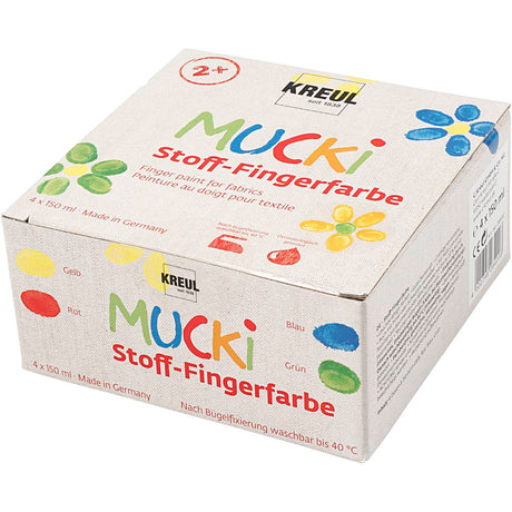 Farba do palców tekstylnych Mucki - 4 x 150 ml farba do palców do tekstyliów - kolory żółty, czerwony, niebiesko-zielony