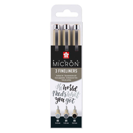 Zestaw cienkopisów Sakura pigma micron 05, 3 pisaki, czarno-szary