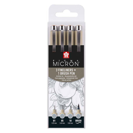 Zestaw cienkopisów Sakura Pigma Micron, 4 rozmiary, kolor jasnoszary