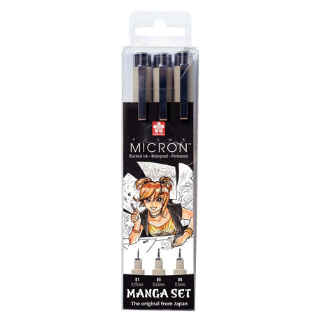 Unikalna kolekcja mangi Sakura składająca się z 3 czarnych długopisów pigma micron.