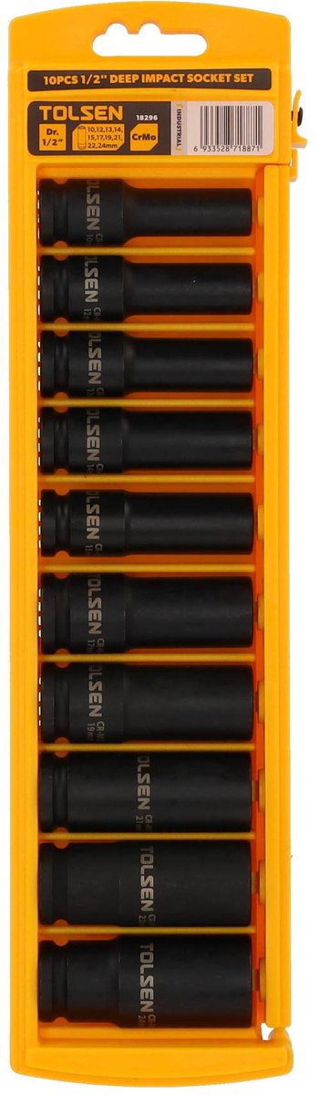 Tolsen doppenset extra lang - slagmoerdoppenset - extra diep - maat 10, 12, 13, 14, 15, 17, 19, 21, 22 en 24 mm - chroom-molybdeenstaal - 10-delig