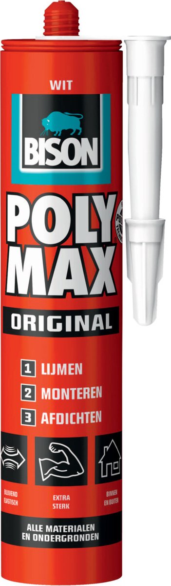 Bison Poly Max oryginalna biała tuba 425g, klej montażowy, klejenie, montaż i uszczelnianie, unikalna technologia SMP, bez rozpuszczalników, do stosowania wewnątrz i na zewnątrz, prawie wszystkie powierzchnie