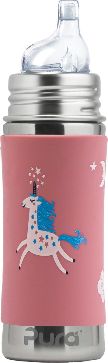Butelka Pura z dzióbkiem 325 ml - kubek z dzióbkiem - rośnie wraz z Tobą - nie zawiera plastiku - można myć w zmywarce - zawiera silikonową ustnik, nasadkę podróżną i rękaw - różowy jednorożec