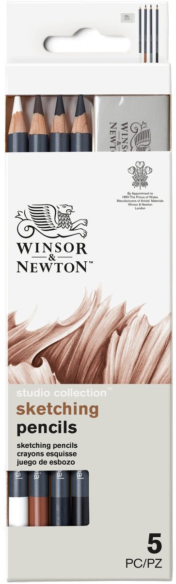 Winsor Newton 0490009 Studio Collection Zestaw ołówków do szkicowania x5 z gumką – Kredki do rysowania w kolorze sepii z węglem drzewnym do szkicowania