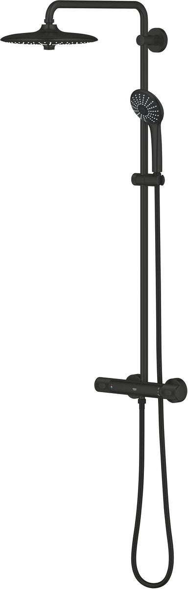 System prysznicowy Grohe Vitalio Joy 260 z termostatem Cooltouch - Głowica prysznicowa 260 mm z 3 dyszami i główka prysznicowa 110 mm z 3 dyszami - Oszczędność wody - Montaż ścienny - Czarny matowy