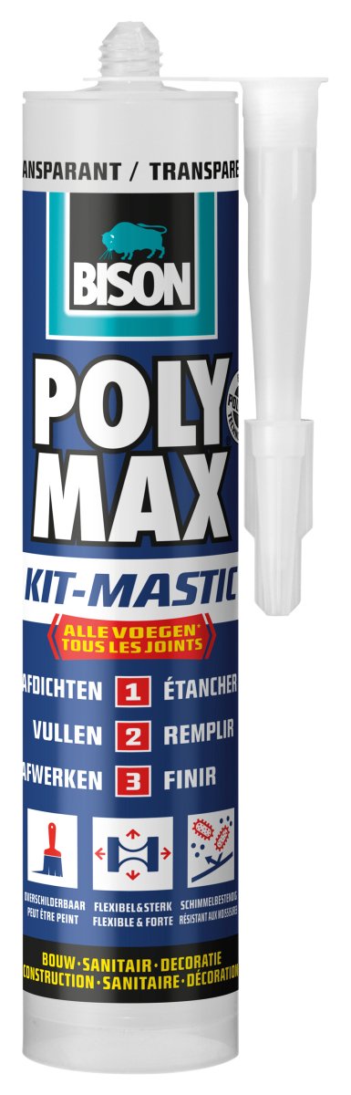 Zestaw Bison Poly Max przezroczysta tuba 280 ml, zestaw wszystko w 1, uszczelnienie wodoodporne, uniwersalne, do użytku wewnątrz i na zewnątrz, można malować, wypełnia, nie kurczy się, odporna na temperaturę od - 40°c do + 100°c