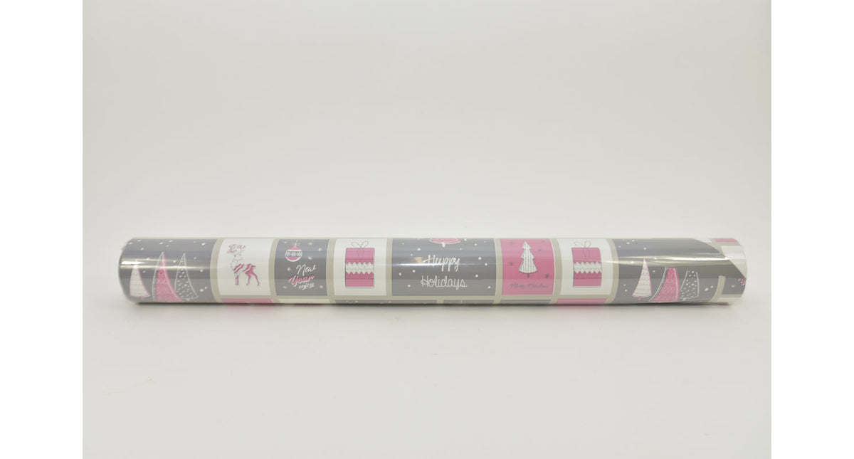 Rol pakpapier ''christmas'' grijs roze 60cm x 40mtr 65gr