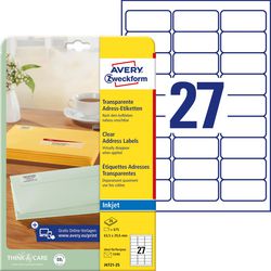 Etykieta do drukarek atramentowych średnio 63 - 5x29 - 6 mm przezroczysta 25 arkuszy 27 etykiet na arkuszu