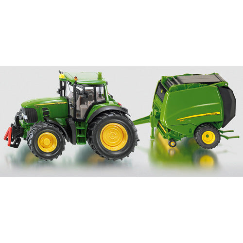 Siku 1665, traktor John Deere z prasą, w tym 2 bele siana, metalowy plastik, zielony, części ruchome