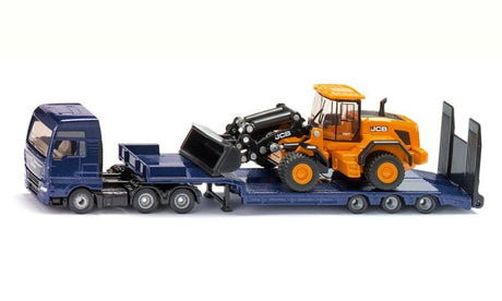 Siku 1790, ciężarówka dla człowieka z naczepą niskopodwoziową i łyżką JCB, 1:87, metaloplastyk, niebiesko-żółty, składana rampa, ruchome ramię