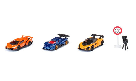 Siku 6328, zestaw upominkowy supersamochody, Lamborghini Veneno, Apollo I.E., McLaren Senna, części ruchome, w tym. znak drogowy i fotoradar