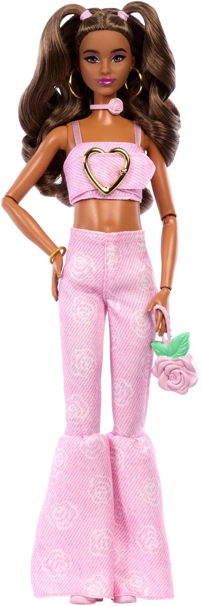Luksusowy styl Barbie - różowy dżinsowy krótki top i brązowe włosy - lalka modowa