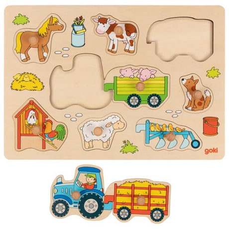 Traktor z puzzlami na guziki z przyczepami. 9 części