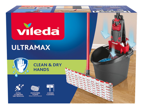 Kompletny zestaw Vileda ultramax - płaski mop z mikrofibry + wiadro z prasą