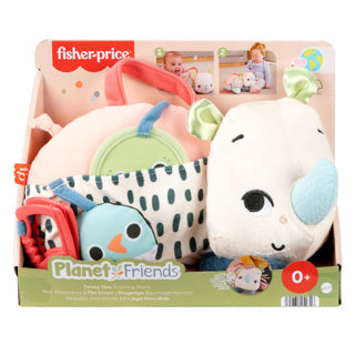 Fisher Price na brzuchu bawiący się w wędrownego nosorożca