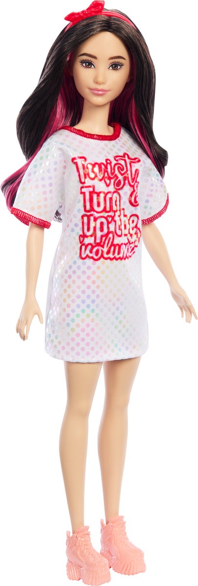 Barbie 65 lat fashionistek - biała sukienka T-shirt w błyszczące kropki - lalka modowa