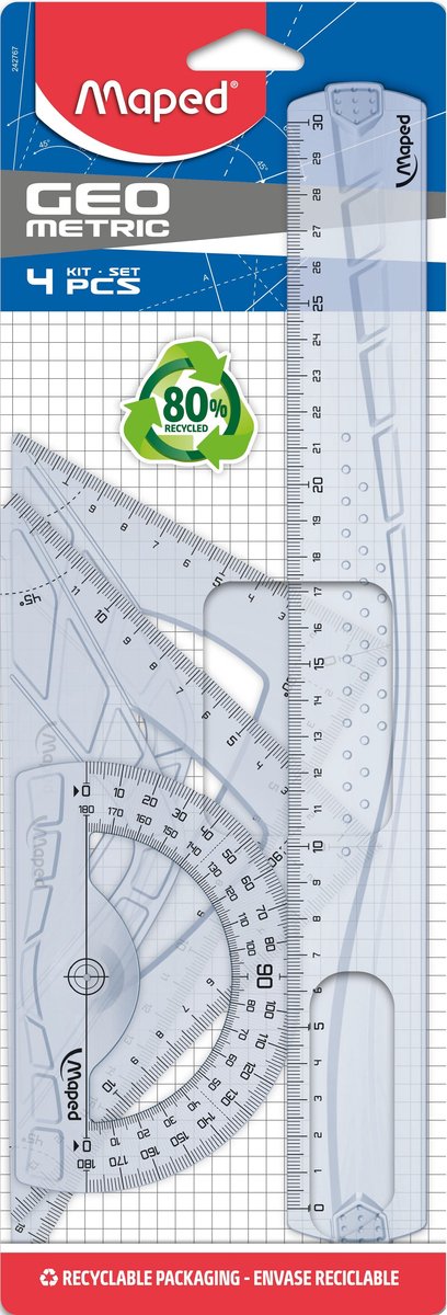 Mapowany zestaw geometryczny do biura, składający się z 2 trójkątów 21 cm, linijki 30 cm i 1 kątomierza