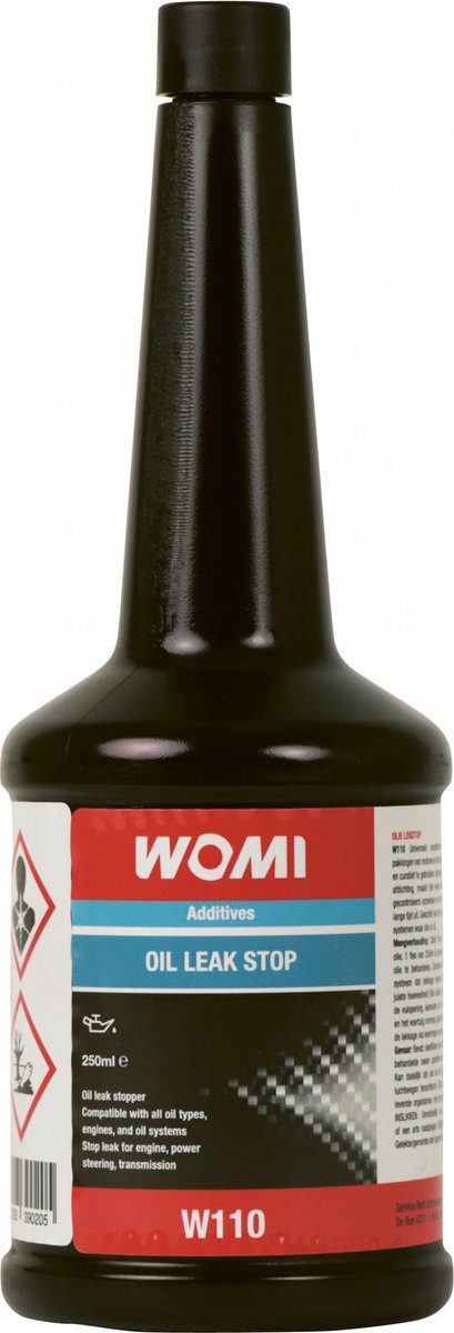Korek wycieku oleju Womi w110 – 250 ml – zatrzymuje wyciek oleju – regeneruje uszczelki – łatwy w dodaniu