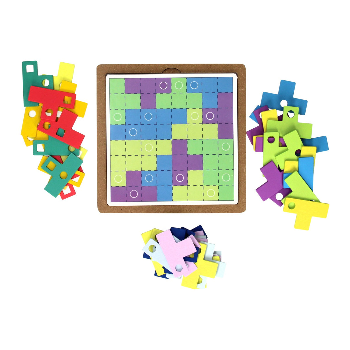Zestaw drewnianych puzzli tangram tęcza, 64 elementy.