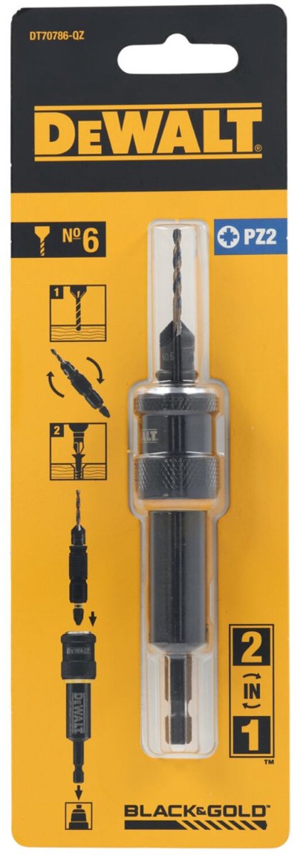 Napęd obrotowy Dewalt dt70786: wiertło wstępne, pogłębiacz nr 6 + bit wkrętowy pz2 + uchwyt