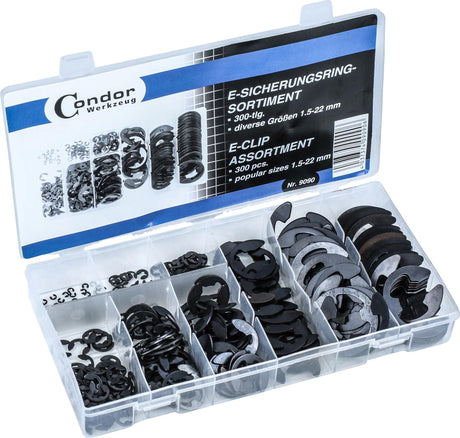 Asortyment pierścieni ustalających Condor 9090 Asortyment e-pierścieni zabezpieczających 300 szt., 1,5-22 mm