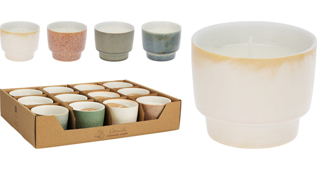 Kaars citronella in pot keramiek d7,5 h6cm 4 assortie