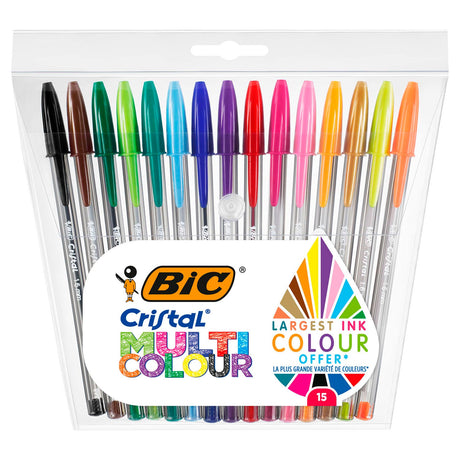 Wielokolorowe długopisy Bic Cristal z szeroką końcówką (1,6 mm) - różne kolory - opakowanie 15 sztuk