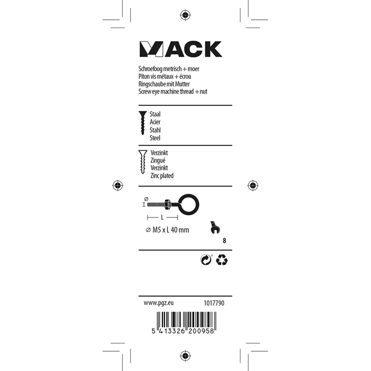 Mack 1017790 - metryczne oczko do śruby + nakrętka ocynkowane 4 szt. m5 x 40 mm | 10 sztuk