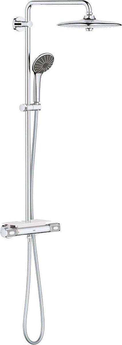 Prysznic ze strumieniem deszczowym Grohe Vitalio Joy 260 - ø 26 cm - oszczędzający wodę - w tym kran termostatyczny i półka - z technologią Cool Touch - chrom