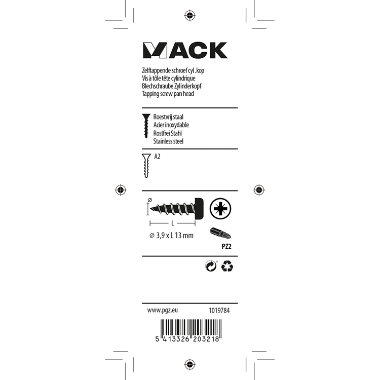 Mack 1019784 - wkręt samogwintujący z łbem walcowym A2 12 szt. 3,9 x 13 mm | 10 sztuk
