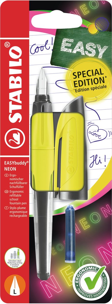 Stabilo Easybuddy neon - ergonomiczne pióro wieczne - żółte - l stalówka dla osób leworęcznych