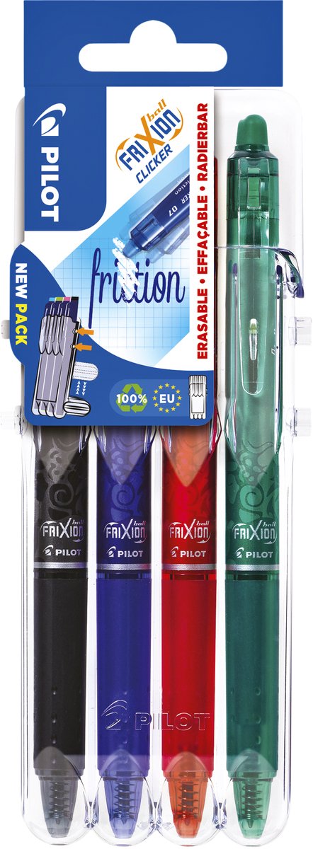 Pilot frixion - zestaw długopisów zatrzaskowych 0,7 mm - czarny, niebieski, zielony, czerwony - pakowane po 4 sztuki