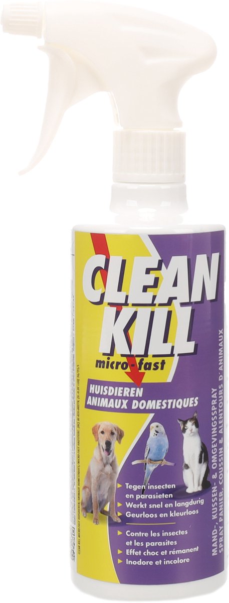 Flamingo spray na pchły - cleankill microfast spray 450ml - spray przeciw pasożytom - przeciwko pchłom - kleszczom - wszom i roztoczom - do mebli i dywanów - nie do stosowania u zwierząt - wyprodukowano w Europie