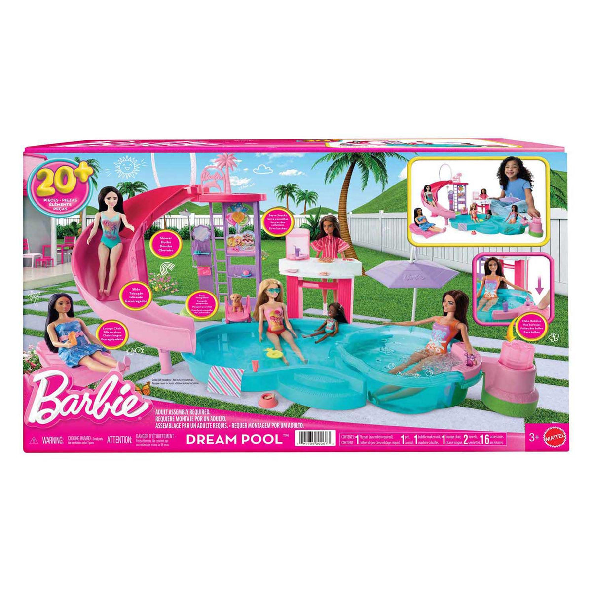 Basen marzeń Barbie — zestaw ze zjeżdżalnią i wanną z hydromasażem oraz ponad 20 akcesoriów