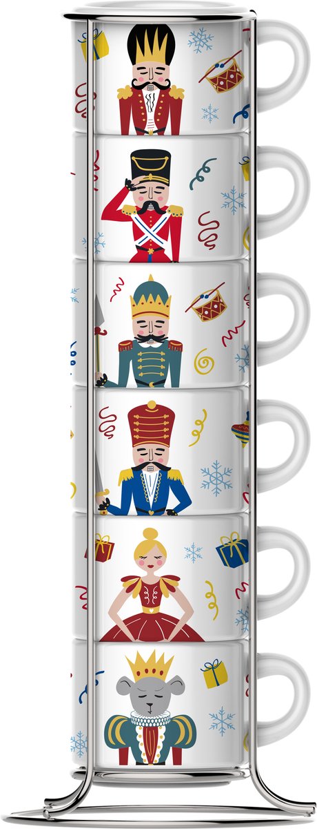 Zestaw filiżanek do espresso Bialetti Dziadek do orzechów 6 sztuk ze stojakiem - 90 ml - porcelanowe filiżanki do espresso - edycja limitowana - możliwość układania w stosy