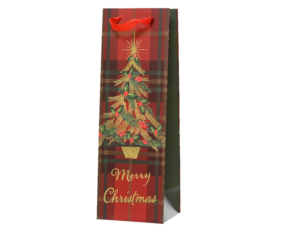 Decoris torba na butelkę wina choinka czerwona wykonana z papieru 100% FSC 10x12x36cm
