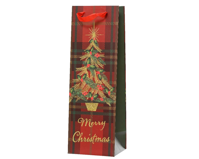 Decoris torba na butelkę wina choinka czerwona wykonana z papieru 100% FSC 10x12x36cm