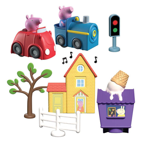 Gear2play świnka Peppa śmigaj dookoła - obwodnica Peppy przez miasto zestaw do zabawy - modułowy tor do śmigania pojazdami - interaktywny z muzyką i dźwiękiem