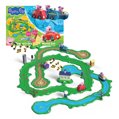 Gear2play świnka Peppa świst wokół - duży, szeroki zestaw zabaw Peppy - modułowy tor do śmigania po pojazdach - interaktywny z muzyką i dźwiękiem