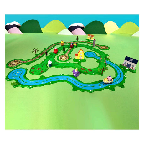 Gear2play świnka Peppa świst wokół - duży, szeroki zestaw zabaw Peppy - modułowy tor do śmigania po pojazdach - interaktywny z muzyką i dźwiękiem