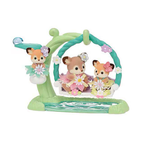 Sylvanian rodziny 5801 mały jeleń – huśtawka kwiatowa – 3 aksamitnie miękkie figurki do zabawy
