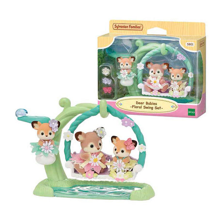 Sylvanian rodziny 5801 mały jeleń – huśtawka kwiatowa – 3 aksamitnie miękkie figurki do zabawy