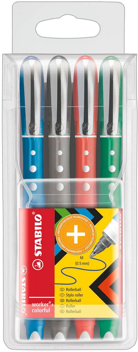 Stabilo worker+ kolorowy - pióro kulkowe 0,5 mm - czarny, niebieski, zielony czerwony - etui z 4 kolorami