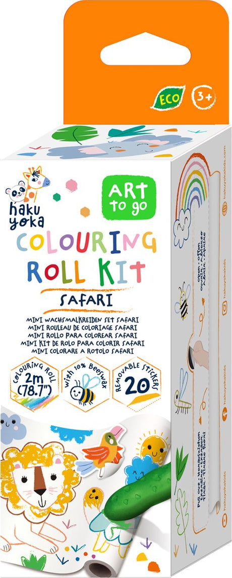 Haku yoka: mini zestaw wałków do kolorowania safari 12x200cm, zawierający 4 kredki i naklejki, odrywany, wosk pszczeli (10%), w pudełku 6,2x6,2x19,6cm, 3+